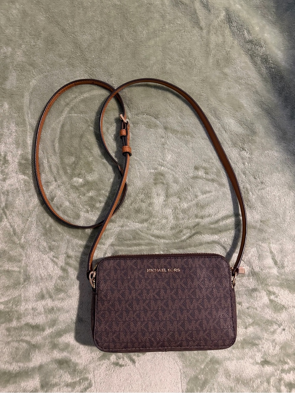 Michael Kors Brown Monogram Crossbody with Gold Hardware